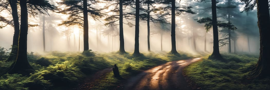 Serene beauty of a misty forest at sunrise, with the soft light filtering through the trees creating a magical atmosphere