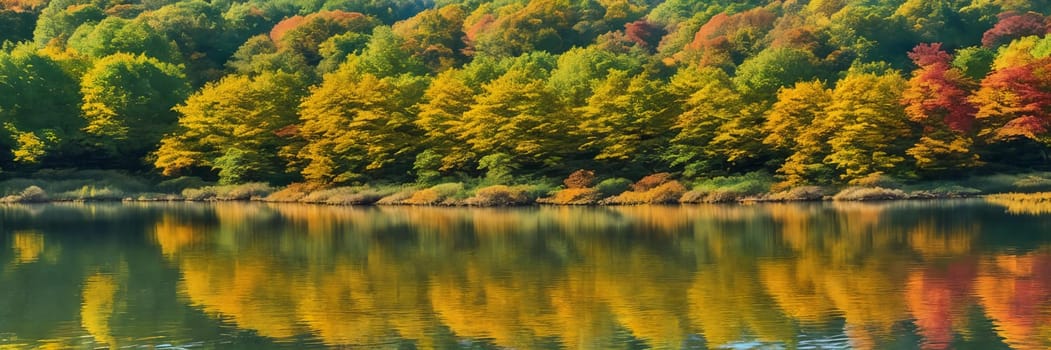 Colorful palette of autumn by focusing on a tranquil lake reflecting the vibrant foliage of surrounding trees on a sunny day