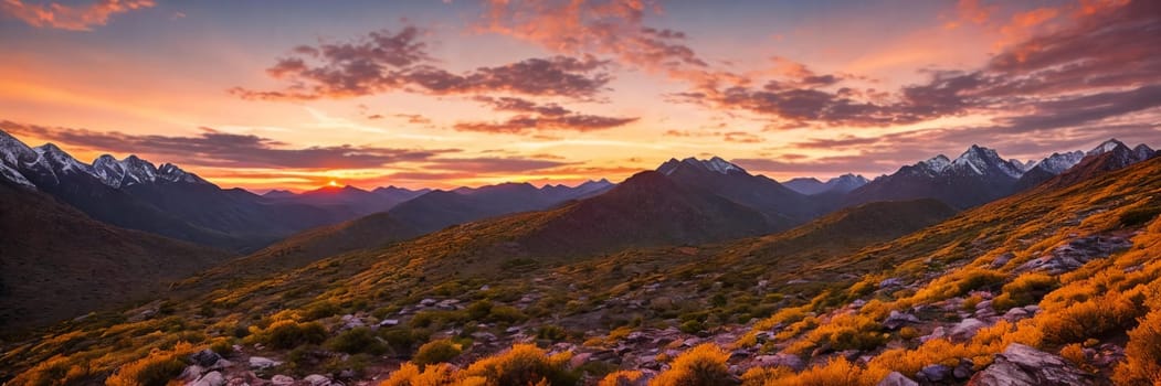 Rugged beauty of a mountain range at golden hour, with the sun setting in the background painting the sky in hues of orange and pink