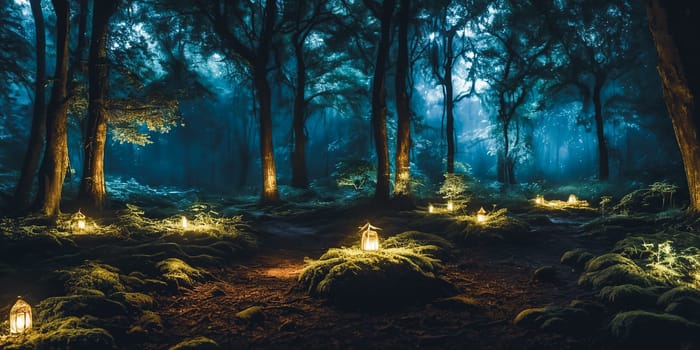 Moonlit Forest Glade. Amidst ancient trees, a moonbeam illuminates a hidden glade. Dew-kissed mushrooms glow softly, and fireflies dance in the night. Ethereal beauty of this mystical meeting place.