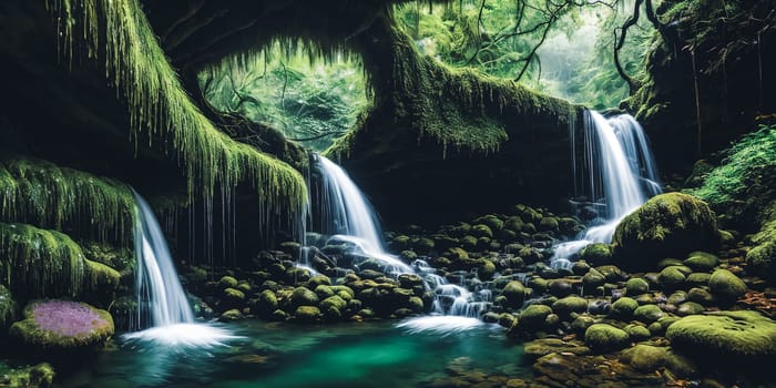 Enchanted Waterfall. A waterfall cascades down moss-covered rocks, revealing a secret grotto behind its veil. Crystal-clear water sparkles with hints of magic, and colorful flowers bloom along the banks.