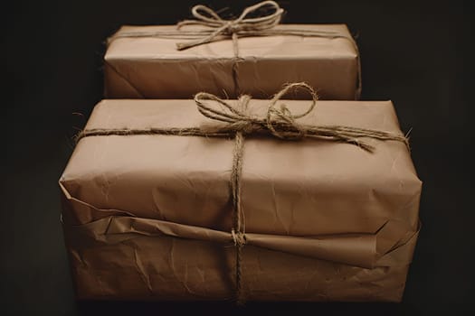 Two rectangular hardwood boxes wrapped in brown leather and tied with string, perfect for a fashion accessory event. The gift wrapping adds a touch of elegance to this still life photography scene