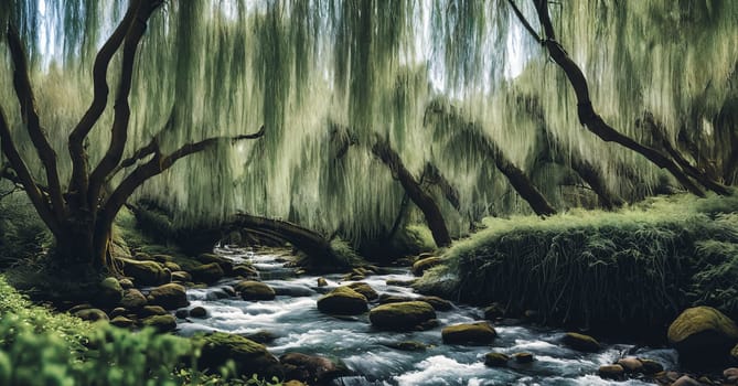 Whispering Willow Grove. Beneath ancient willow trees, their long branches trailing in a silver river, tiny doors appear. Fairies, sprites, and woodland creatures gather here, sharing secrets and laughter.