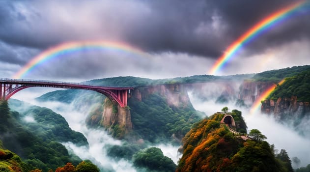 Rainbow Bridge. Arching across a misty gorge, a rainbow bridge connects two worlds. Its colors shift with the light, and travelers-human or magical, cross between realms. The bridge's ephemeral beauty.