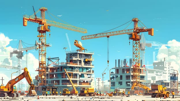 The city skyline is filled with tower blocks under construction, cranes and construction equipment scattered across the site, showcasing urban design and naval architecture on a large scale