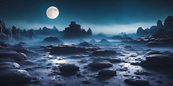 Lunar Dreamscape. Dreamy depiction of a moonlit landscape on a desolate alien world, rendered with glowing phosphorescent flora and eerie rock formations under a sky filled with crescent moons and distant planetary bodies.