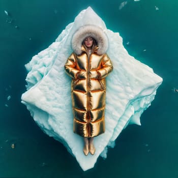 Woman in yellow golden puffer jacket lies on a block of ice alone in the middle of the ocean sea. Environmental issue, climate change agenda, AI generated