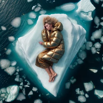 Woman in yellow golden puffer jacket lies on a block of ice alone in the middle of the ocean sea. Environmental issue, climate change agenda, AI generated