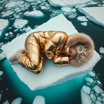 Woman in yellow golden puffer jacket lies on a block of ice alone in the middle of the ocean sea. Environmental issue, climate change agenda, AI generated