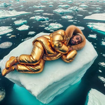 African american man in yellow golden puffer lie on block of ice alone in middle of the ocean climate change poster