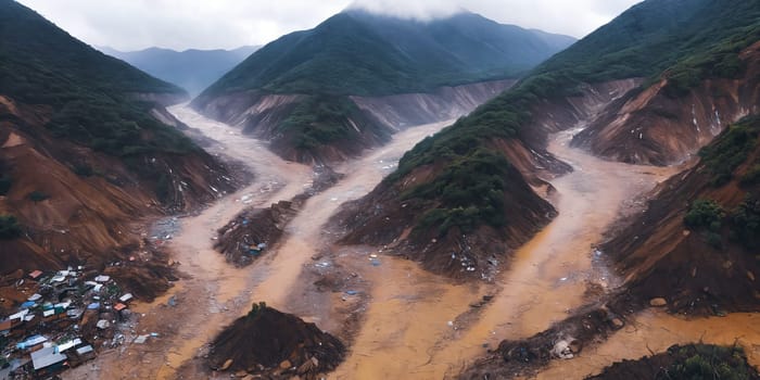The aftermath of a massive landslide in a mountainous region, highlighting the chaotic debris flow and devastation left in its wake. Panorama