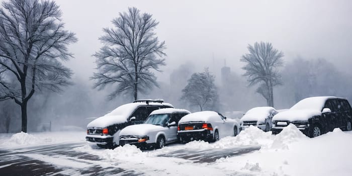 The impact of a severe blizzard with snowdrifts engulfing structures and roads, creating a wintry landscape shrouded in a blanket of white. Panorama