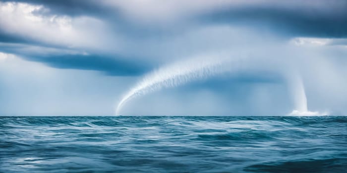 The mesmerizing spiral pattern of a waterspout forming over a body of water, highlighting the ethereal beauty of this natural phenomenon before it dissipates. Panorama