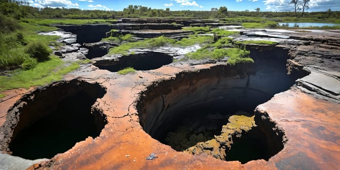 The surreal sight of a sinkhole swallowing up a section of land, showcasing the sudden and dramatic geological event with a focus on the gaping hole and crumbling surroundings. Panorama