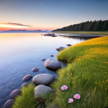 Inspirational Nature. A serene landscape photograph of a peaceful meadow at sunrise with a single flower resting on a rock or in the grass to convey a sense of tranquility and inner strength.