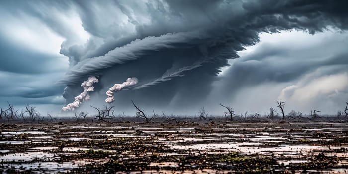 The raw power of a tornado by focusing on its twisting motion as it ravages the landscape, showcasing its destructive force amidst a barren field. Panorama