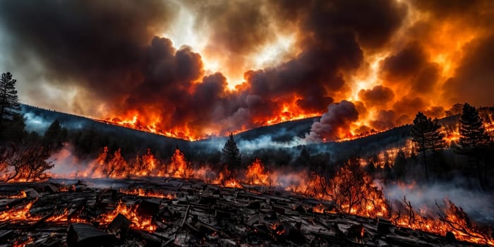 The intensity of a raging wildfire as it engulfs a forest in flames, capturing the spectacle of fiery embers and billowing smoke against a darkened sky. Panorama