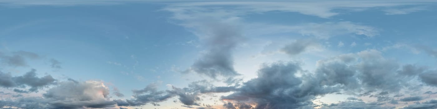 Dark blue sunset sky panorama with pink Cumulus clouds. Seamless hdr 360 pano in spherical equirectangular format. Full zenith for 3D visualization, game, sky replacement for aerial drone panoramas