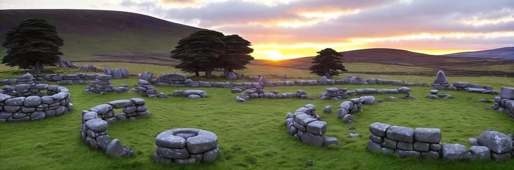 A mysterious and ancient stone circle nestled in a remote moorland, with the setting sun casting long shadows over the weathered monoliths