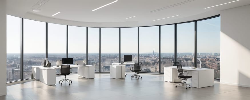 Empty office, high-rise building, city skyline view