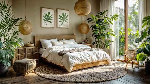 inviting bohemian-style bedroom features abundant natural light, a variety of plants, and a selection of woven and wooden decor, creating a serene and earthy ambiance - Generative AI