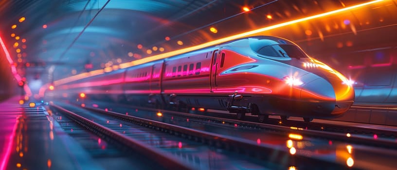 High-speed rail through a neon-lit tunnel, blurring past and future