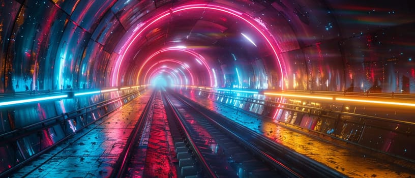 High-speed rail through a neon-lit tunnel, blurring past and future