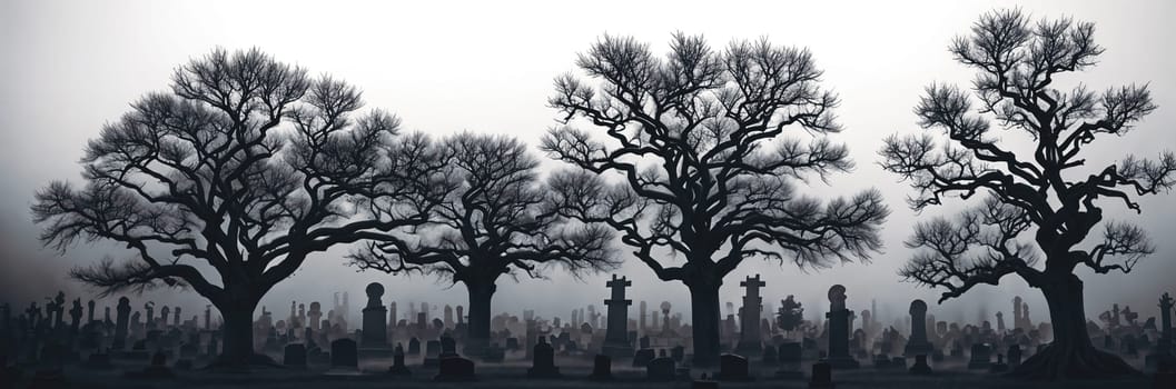 A hauntingly beautiful graveyard shrouded in mist, with weathered tombstones standing sentinel amidst gnarled trees and twisted branches reaching towards the moon.