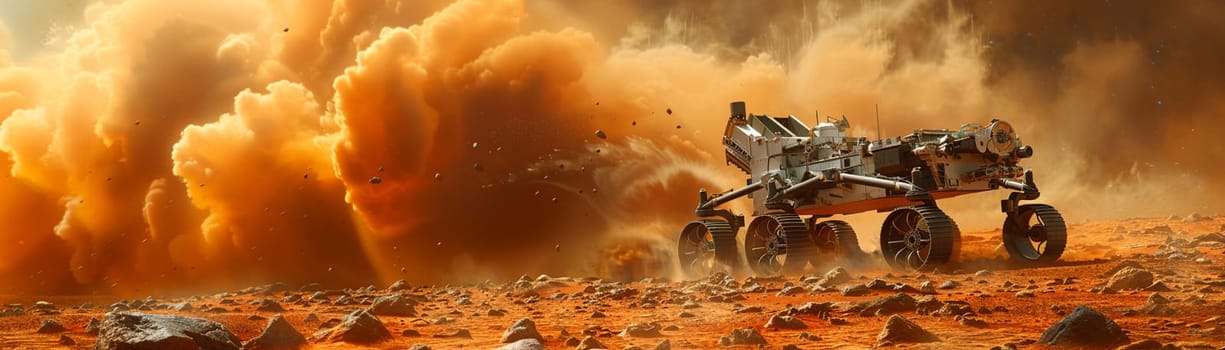 The first steps of a robot on Mars, red dust swirling