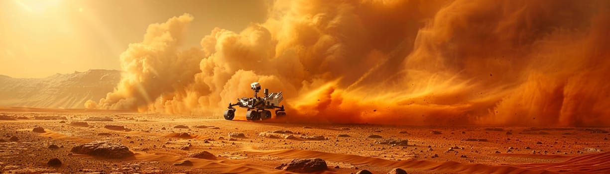 The first steps of a robot on Mars, red dust swirling