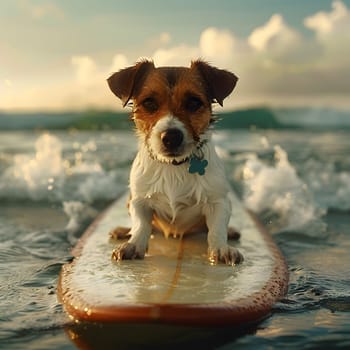 A carnivorous dog breed is sitting on a surfboard in the liquid ocean water, under the cloudy sky. The fawn companion dog has a wet snout