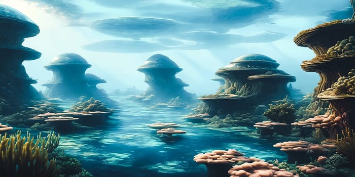 Utopian underwater city. Marvel at the transparent domes teeming with marine life, futuristic transit networks, and cutting-edge research hubs delving into the ocean's mysteries.