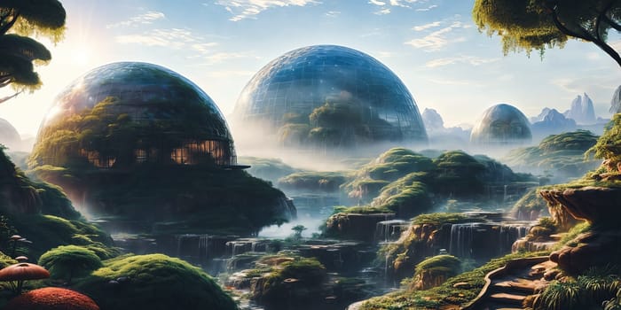 Vibrant biodome city on alien planet. diverse ecosystems, artificial, bioengineered. A futuristic oasis teeming with life innovation.