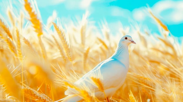 White dove over a wheat field in Ukraine. Selective focus. Nature.