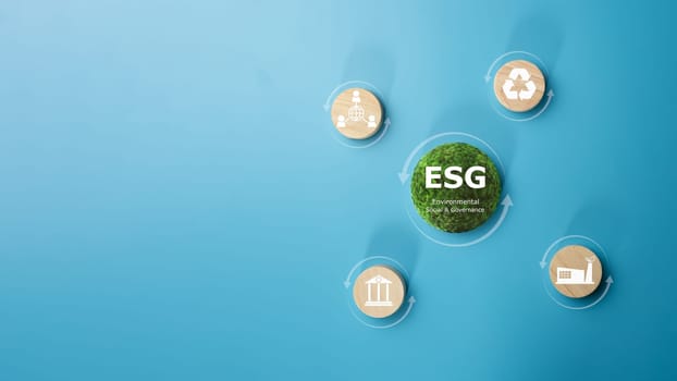 ESG concepts for sustainable environment, society and governance Businesses are environmentally responsible, A circular wooden board with the abbreviation ESG printed on a light blue background.