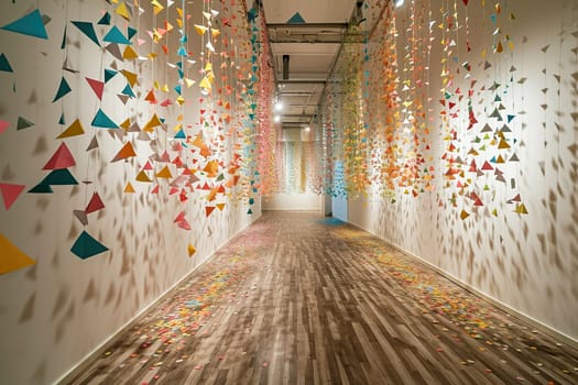 A long, bright corridor with festive garlands hanging from the ceiling. The concept of organizing a holiday.