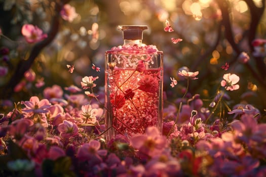 A glass bottle filled to the brim with numerous pink flowers, creating a vibrant and eye-catching display.