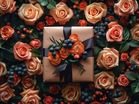 A wrapped gift placed among a bed of vibrant roses and juicy berries, creating a delightful and festive arrangement.