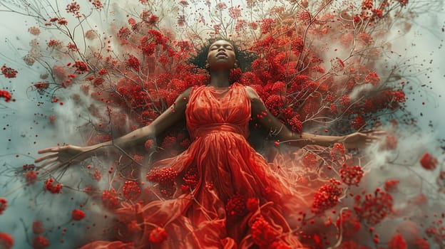 A woman in a vibrant red dress standing amidst a sea of red flowers.