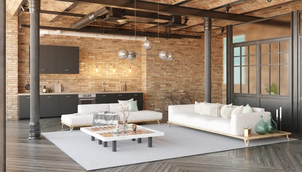 A modern loft living room with a couch, a kitchen. The room has a minimalist and clean design, with a focus on functionality and comfort. 3d render