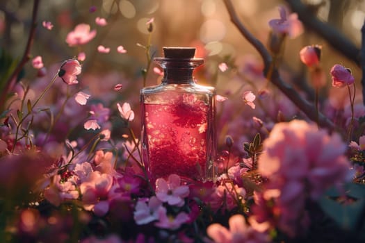 A jar filled with liquid sits among vibrant flowers, creating a colorful and striking composition.