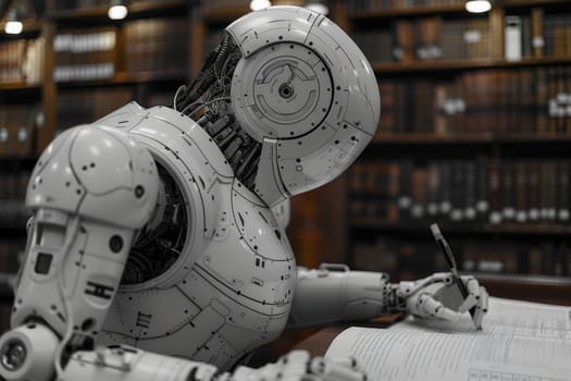 A robot engrossed in reading a book amidst shelves of literature in a modern library setting.