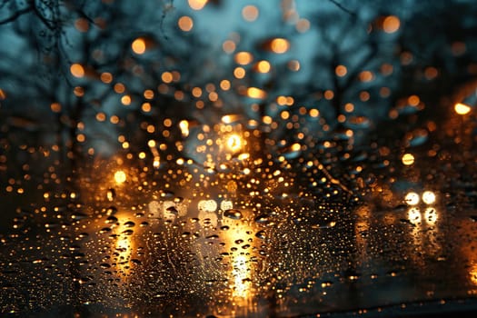 Raindrops close-up on a car window in the evening.