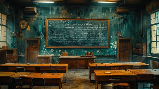An empty auditorium with wooden desks facing a chalkboard, ready for a lecture.