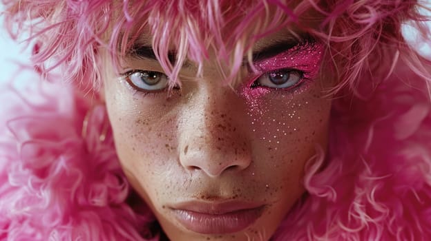 Detailed view of a fashion-forward african american individual with vibrant pink hair.