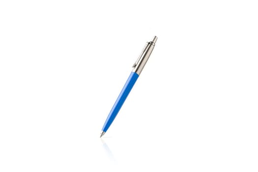 Blue plastic and metal ballpoint pen on white isolated background