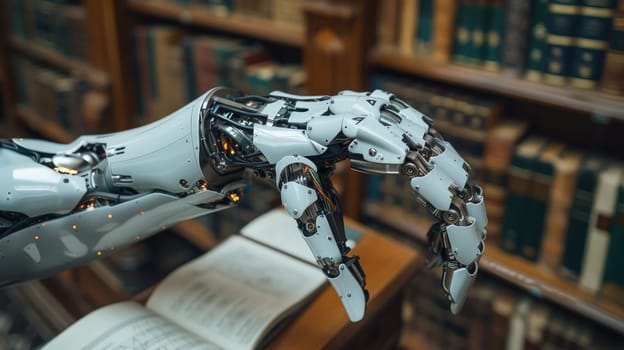 A robotic hand carefully holds a book in a library setting.