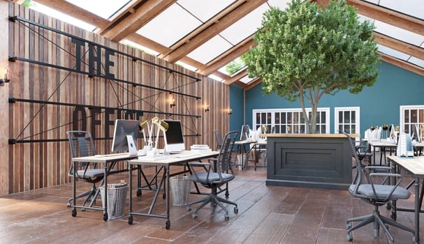 A large open office space with wooden floors . The space is filled with desks and chairs, and there are several potted plants scattered throughout the room