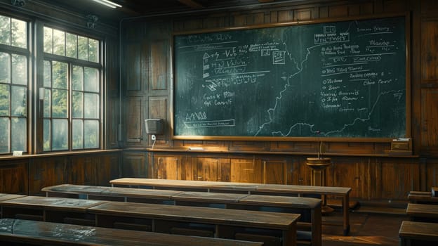 A detailed view of an empty lecture hall with rows of wooden desks facing a large chalkboard at the front.