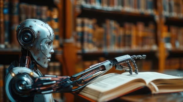 A robot immersed in a book within a library setting.